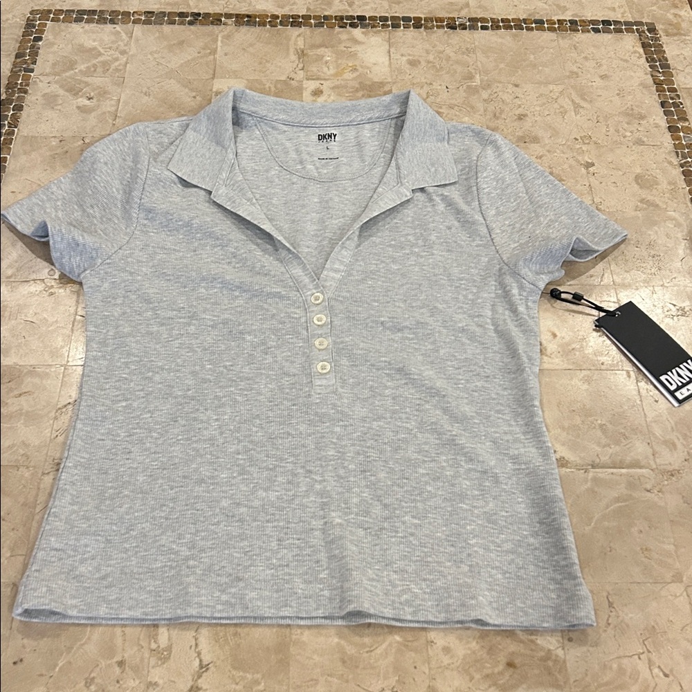 NWT …DKNY V- Neck‎ Light Heather Gray Ribbed Polo Casual Top Size L & M